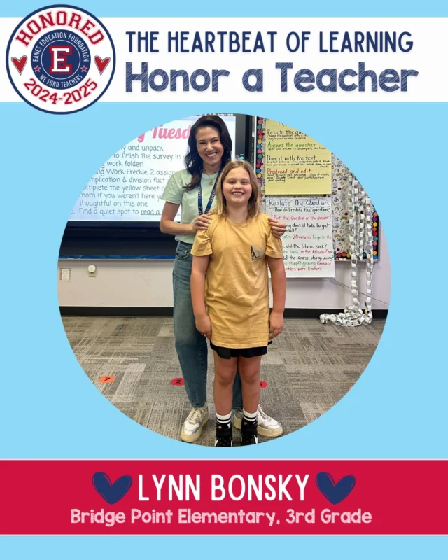 🌟 We're highlighting Honor a Teacher recipient Lynn Bonsky, @bpebobcats 3rd grade teacher!

Ms. Bonsky spent nearly a decade at BPE as a parent, volunteer, and substitute teacher before starting as a 3rd grade educator this year. Originally from the LA area, she taught elementary education in Southern California before moving to Austin fifteen years ago.

The Schneider family notes about Ms. Bonsky, "Thank you for your patience and hard work . . . Addie grew so much this year. Thank you for continuing to challenge and support her."

Want to say thanks and fund teachers and staff? Comment here, or click the link in our bio to learn more! 

#wefundteachers #honorateacher #eanesisd #staffappreciationweek #teacherappreciationweek